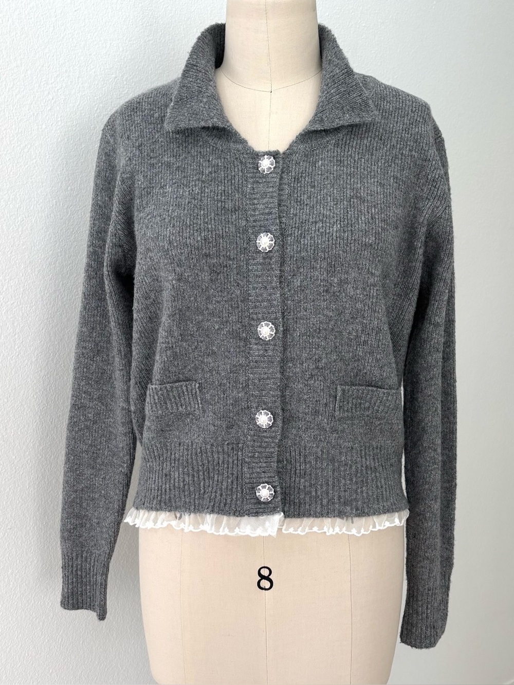 Lea & Viola Knit Cardigan Sweater NWT Heather-Gray Pearl Buttons Lace Trim L